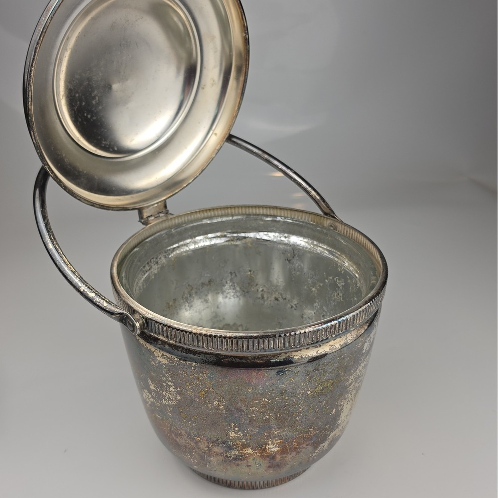 Vtg Mid Century Swing Lid Silver on Copper Ice Bucket Flaked Glass Liner READ
